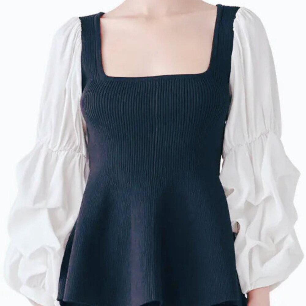 English Factory Mixed-Media Ribbed Top  Black/White XS